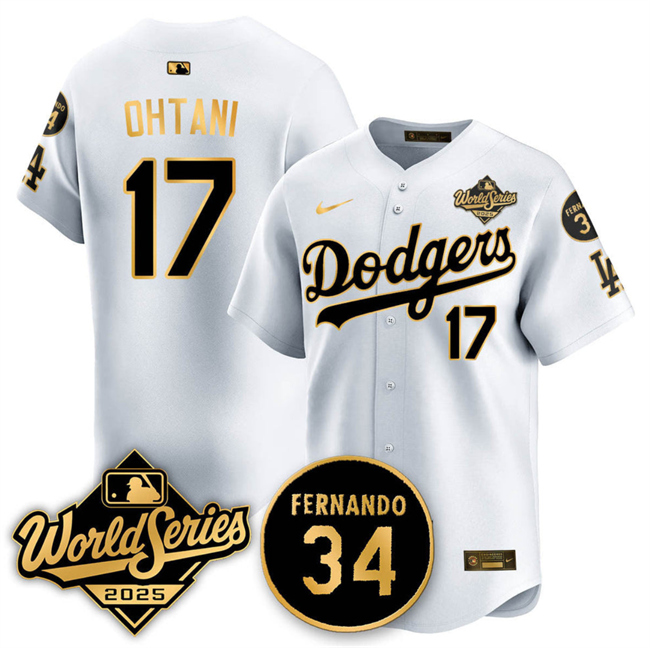 Men's White/Gold Los Angeles Dodgers #17 Shohei Ohtani 2025 World Series With No.34 Patch Limited Stitched Baseball Jersey
